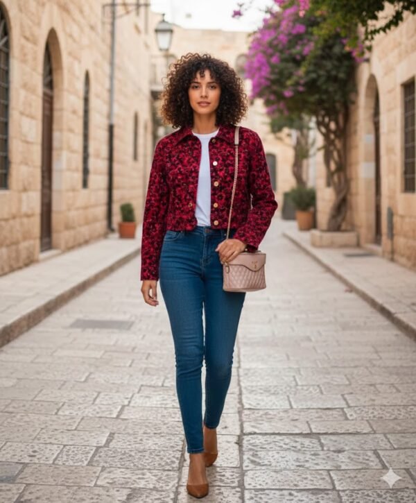 ג'קט מטריף פרחים שחור אדום